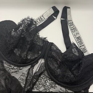 Victoria's Secret XL Rhinestone Shine Strap Sexy Black Lace Bodysuit Teddy